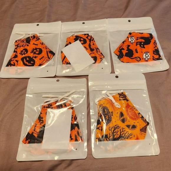 Unbranded Accessories - 5 Fabric Face Mask Halloween Lot Orange Pumpkin, BOO, Skull, Bats, Cats